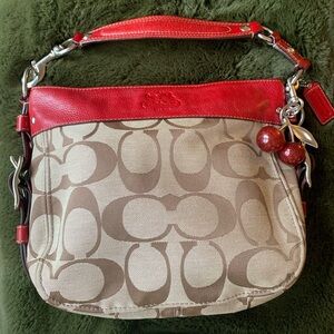 Red Leather and Signature Jacquard Shoulder Bag